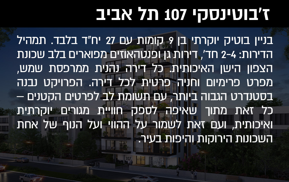 בניין בוטיק יוקרתי בן 9 קומות עם 27 יח"ד בלבד. תמהיל הדירות: 2-4 חד', דירות גן ופנטהאוזים מפוארים בלב שכונת הצפון הישן האיכותית. כל דירה נהנית ממרפסת שמש, מפרט פרימיום וחניה פרטית לכל דירה. הפרויקט נבנה בסטנדרט הגבוה ביותר, עם תשומת לב לפרטים הקטנים – כל זאת מתוך שאיפה לספק חוויית מגורים יוקרתית ואיכותית, ועם זאת לשמור על ההווי ועל הנוף של אחת השכונות הירוקות והיפות בעיר.