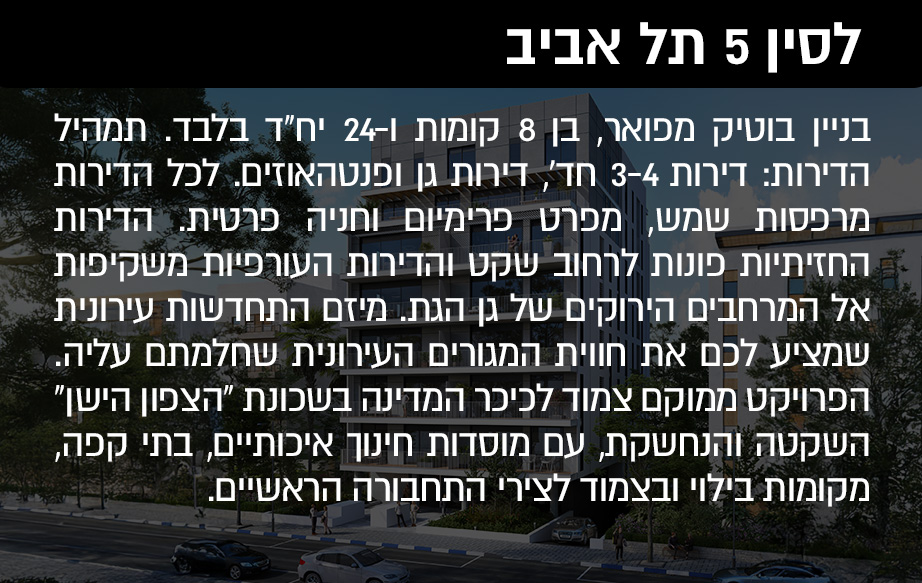 בניין בוטיק מפואר, בן 8 קומות ו-24 יח"ד בלבד. תמהיל הדירות: דירות 3-4 חד', דירות גן ופנטהאוזים. לכל הדירות מרפסות שמש, מפרט פרימיום וחניה פרטית. הדירות החזיתיות פונות לרחוב שקט והדירות העורפיות משקיפות אל המרחבים הירוקים של גן הגת. מיזם התחדשות עירונית שמציע לכם את חווית המגורים העירונית שחלמתם עליה. הפרויקט ממוקם צמוד לכיכר המדינה בשכונת "הצפון הישן" השקטה והנחשקת, עם מוסדות חינוך איכותיים, בתי קפה, מקומות בילוי ובצמוד לצירי התחבורה הראשיים.